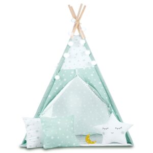 Namiot tipi dla dzieci ze światełkami – miętowe w gwiazdki