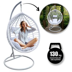 Fotel wiszący huśtawka kokon z poduszkami biały – KR36