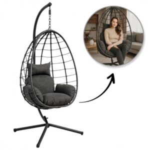 Fotel wiszący huśtawka, kokon składany czarny, antracyt z poduszkami KR37GRAF