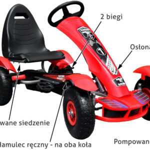 Gokart na pedały Racing XL dla dzieci 3+ Czerwony + Pompowane koła + Regulacja fotela + Wolny bieg
