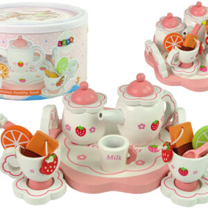 Drewniany Zestaw Do Herbatę Różowy Kwiatki Dzbanek Taca