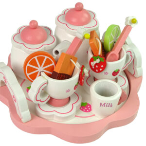 Drewniany Zestaw Do Herbatę Różowy Kwiatki Dzbanek Taca