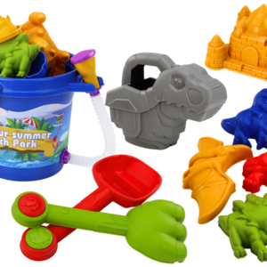 Zestaw Do Piasku Wiaderko Z Prysznicem Łopatka Grabki Foremki Dinozaury